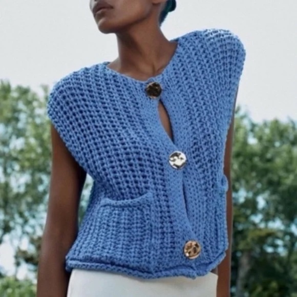 Zara Light Blue Knit sweater Top with gold buttons SZ S - Picture 1 of 4
